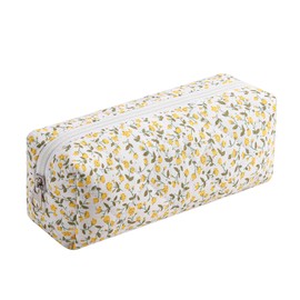 WHHJM Cute Floral Makeup Brush Bag Small Cotton Quilted Cosmetic Bag for Women Travel Toiletry Zipper Make Up Pouch (Yellow Floral)
