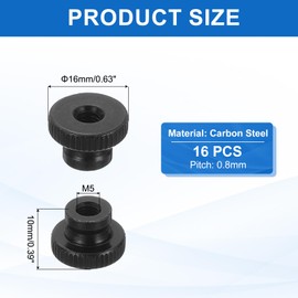 sourcing map 16Pcs Knurled Thumb Nuts, M5x10mm Carbon Steel Nut Iron Round Knobs Fasteners High Head Through Hole Hand Screw Nut for 3D Printer Part, Black