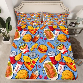 American Fast Food - Juego de ropa de cama con bolsillo profundo, tamaño matrimonial, para pizza, perro caliente, sábana bajera con estampado de hamburguesas, sábanas para niños, niñas, adolescentes, patatas fritas, estilo de dibujos animados, juego de r
