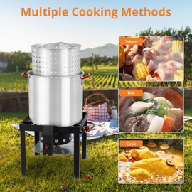 Garvee Crawfish Boiler with Steam/Boil Basket & Strainer, 110000BTU Propane Jet Burner with Support Rack & Lifting Hook, 0-10 PSI Regulator, Outdoor 80 Qt Seafood Boil Pot for Cooking Shrimp and Crab