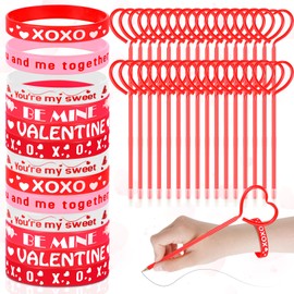 Teling 96 Pcs Valentine's Day Pens & Bracelets Set - Heart Shaped Pens & Silicone Bracelets - Valentine Gifts for Office Exchange & Party Favors
