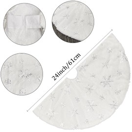 DegGod Plush Christmas Tree Skirts, 24 inches Luxury Snowy White Faux Fur Small Xmas Tree Base Cover Mat with Silver Snowflakes for Xmas New Year Home Party Decorations