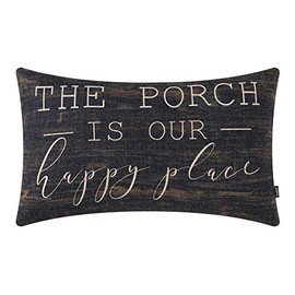 TRENDIN Farmhouse Porch Oblong Pillow Cover 20x12 inch Vintage Black Word The Porch is Our Happy Place Throw Pillow Cover for Couch Sofa PL565TR