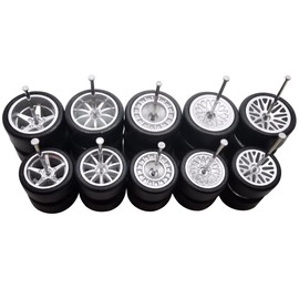 5 Set 1/64 Wheels Small Front and Large Rear 1/64 Wheels and Tires Set with 5 Styles Wheels and Removable Rubber Tires Suitable for Modification of 1 64 Scale Cars with Narrow Chassis (Silver)