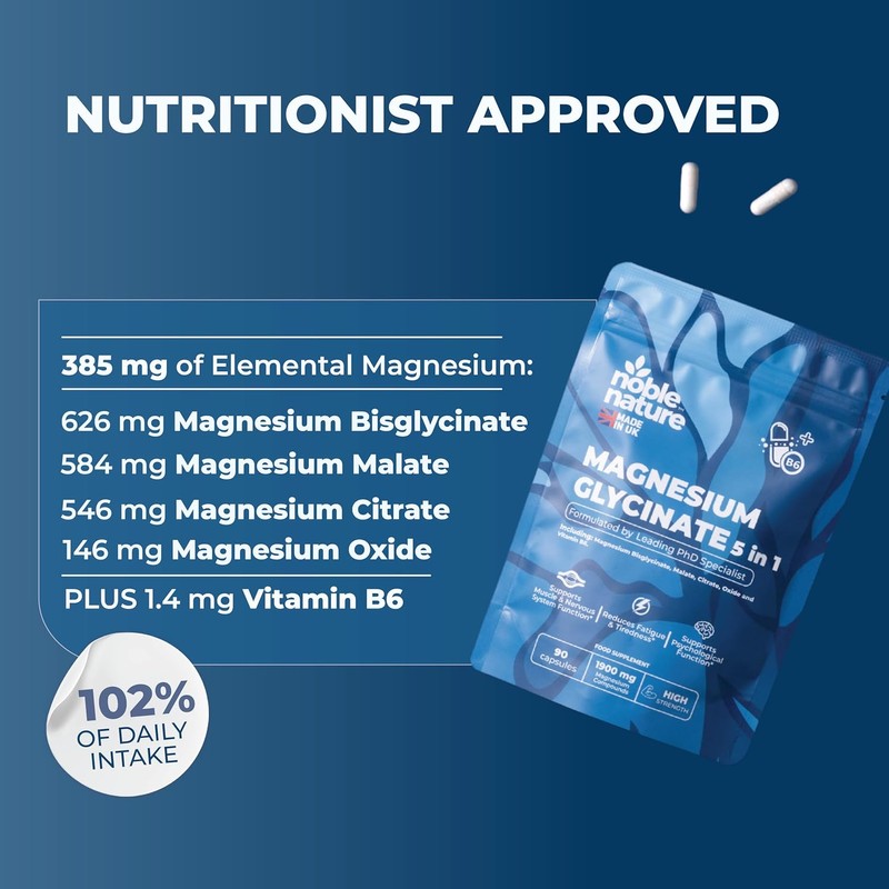 NobleNature 5-in-1 Magnesium Glycinate Max Strength, 90 Capsules