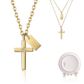 SXSEAGLE Cross Necklace A-Z Initial Pendant Necklace 24k Gold Plated Cubic Zirconia Necklace Religious Gift Christian Jewelry Women's Pendant (With Ceramic Jewelry Tray)