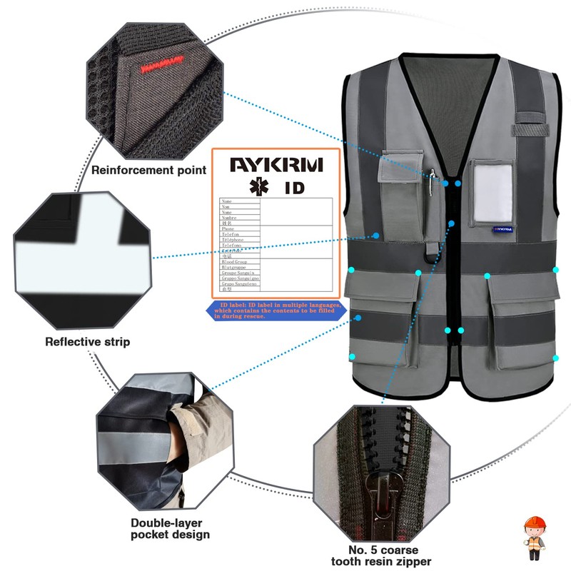 A-SAFETY Chaleco reflectante de alta visibilidad gris