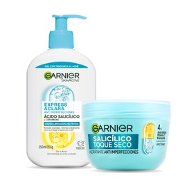 Kit Garnier Express Aclara Anti-Imperfecciones: Gel Limpiador Facial 250ml + Crema Hidratante Facial Toque Seco 50ml con Vitamina C, Ácido Salicílico 