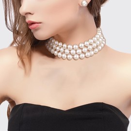 Clearine Elegant 1920s Round Cream Simulated Pearl Silver Plated 3 Strand Layered Pearl Choker Necklace Stud Link Bracelet Jewellery Set for Women Costume Cosplay Party Prom, Simulated Pearl