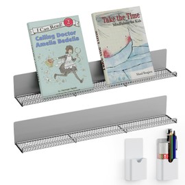 DTUQYX Metal Magnetic Book Shelf: Book Display Shelf 2 Pack Strong Adsorption with 2 Pen Containers, Durable Magnetic Shelves for Classroom, Movable Office File Book Holder, Fridge Shelf (Grey Mesh)