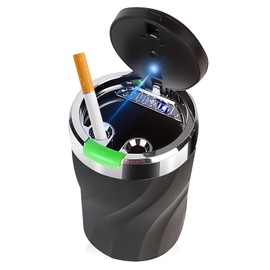 Car Ashtray with Lid, Portable Stainless Steel Ashtray Car with LED Light and Lid, Car Ashtray, for Cars, Vans, Outdoors, Camping (Black)