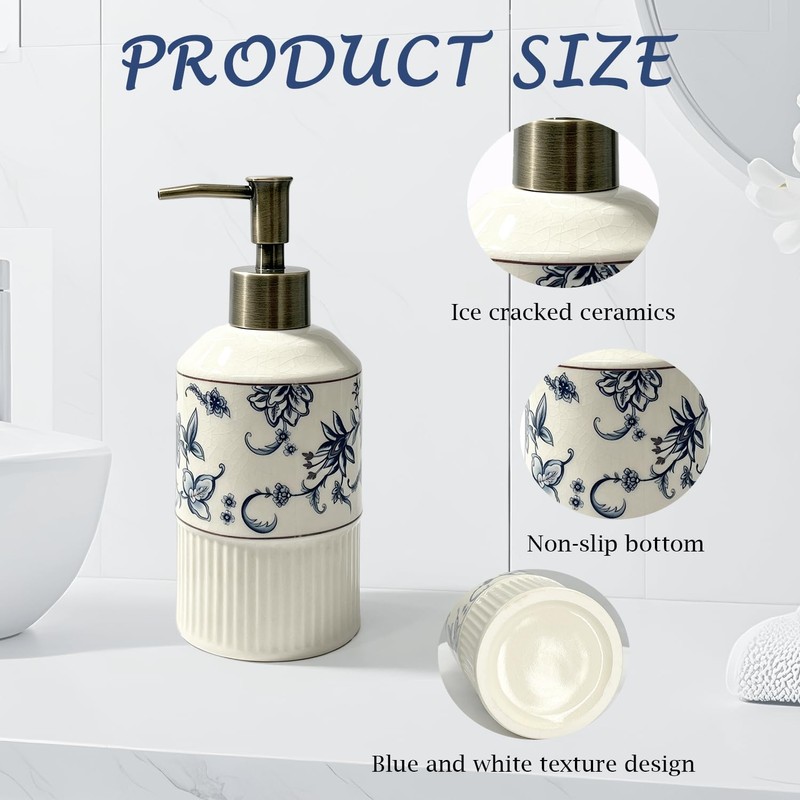 Blue Floral Ceramic Soap Dispenser 8.8Oz with Pump