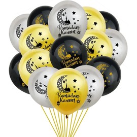 18pcs Ramadan Mubarak Decorations,12In Ramadan Mubarak Balloons, Black Silver Gold Balloons for Ramadan Mubarak Home Eid Mubarak Decor