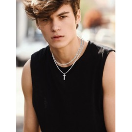 Layered Cross Necklace for Men Stainless Steel Plain Cross Pendant Necklace Rope Chain Necklace for Boys(C)