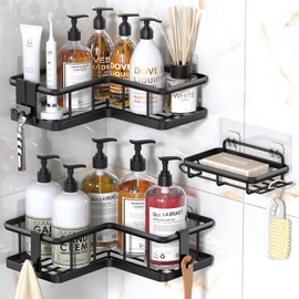 YASONIC Shower Shelf Corner, Shower Shelf No Drilling Bathroom Organiser, Thickened Shower Shelf No Drilling with Large Capacity, Shampoo Holder for Shower with 4 Removable Hooks, Pack of 3, Black