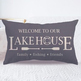7COLORROOM Lake House Decor Throw Pillow Covers Grey Double-Sided Printed Welcome to Our Lake House with Anchor Rectangular/Waist Cushion Cover Farmhouse Summer Home Decor Pillowcases 12”×20” (Grey)