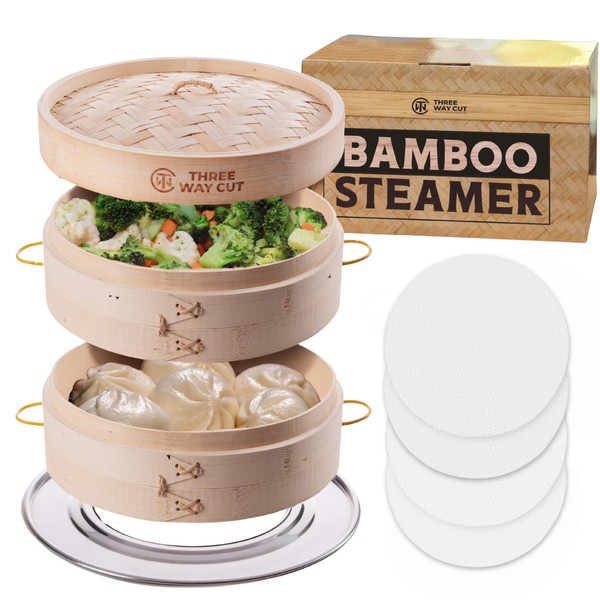 Bamboo Steamer 10 Inch 2 Tier Wooden Basket With Handle,