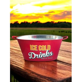 Retro Large Ice Cold Drinks Metal Bucket, Oval Party Beverage Tub with Handles, Available in Yellow, Red, Green, Natural Colors. (RED)