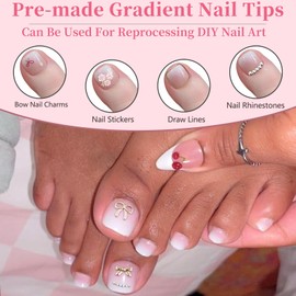 120pcs False Toenails Kit - Gradient Fake Toe Nails with Glue - Pink White Stick on Toenails - Press on Toenails - Toe Nails False for Big Toe - Full Cover Toe Nail Tips for Women