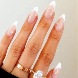 24pcs French White False Nails, Short Square Acrylic White Tip Pearl Stick on Nails, Press on Nails Medium Length, Almond False Nails Elegant Fake Nails for Women Girls (French White Pearl)