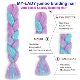 Ombre Jumbo Braiding Hair Colorful Tinsel Hair Extension 24 Inch 1PC Heat Resistant Fiber Synthetic Braids Rainbow Hair for Girls Women,Glitter Fake Hair for Festival Rave,Blue mix Dark Pink Glitter