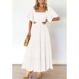LEANI Women's Summer Flowy Maxi Dress Short Sleeve Sexy Cut Out Formal Party Dress White