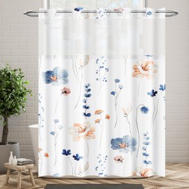 No Hook Floral Shower Curtain with Snap in Liner, Double Layer Watercolor Blue Flower Polyester Shower Curtain with Window, Modern Washable Shower Curtains for Bathroom Hotel Style 71" L x 72"
