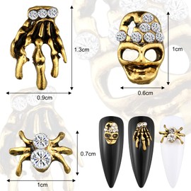60 Pieces Skull Nail Charms Spider Skull 3D Spider with Rhinestones Vintage Alloy Skeleton Hand Nail Art Jewelry Decor Nail Art Glitters for Nail Tip Cellphone Decoration (Antique Gold)