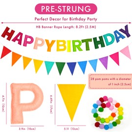 CANREVEL CANREVEL Pre-Strung 3D Happy Birthday Banner, 3 PCS Rainbow Happy Birthday Felt Garland, Pom Pom Garland, Triangle Fabric Garland Bunting, Reusable Rainbow Birthday Decorations