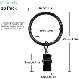 50 Pack Metal Curtain Rings with Clips Black Decorative Drapery Rustproof Vintage Curtain Ring with Clip Vintage Black