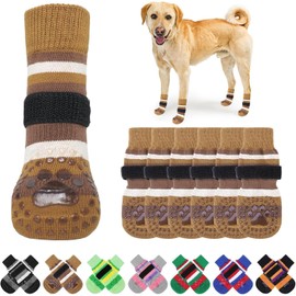 KOOLTAIL Anti Slip Dog Socks for Hot/Clod Pavement to Prevent Licking Paws with Grippers, 3 Pairs Paw Protector, Double Sides Stripe Dog Shoes Toe Grips for Small Medium Large Senior Dogs (Brown S)