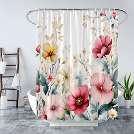 Floral Plant Shower Curtain Pink Orange Watercolor Flower Green Leaves Spring Rustic Wildflower Botanical Country Farmhouse Fabric Bathroom Curtain with Hook