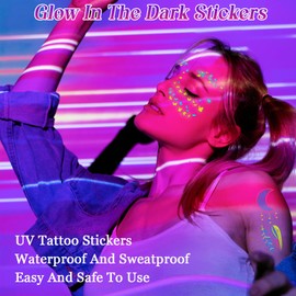 24 Sheets Neon Face Paints Glow in Dark, Fluorescent Tattoo Glow in The Dark Stickers, 180 Individual Patterns UV Neon Party Accessories for Women, A