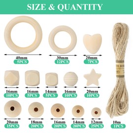FINEASY Pack of 165 Wooden Beads Wooden Rings Set, Wooden Rings for Crafts, DIY Macrame, Wooden Balls with Hole Kit, Natural Wooden Beads for Threading, Natural for DIY Jewellery Accessories Making