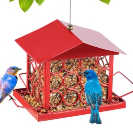 Bird Feeder for Outdoors, Large Square Metal Roof Wild Bird Feeders Squirrel Proof for Garden Yard Outside Decor - Red Painted