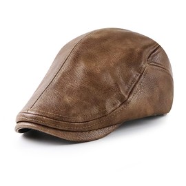 Ueither Mens Flat Cap Adjustable PU Leather Hunting Flatcap Newsboy Cap Ivy Golf Cabbie Hat 56-60cm, Dark coffee