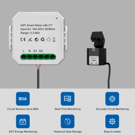 Smart Energy Monitor, Single Phase Clamp Electricity Meter with 1 * 80ACT Current Transformer, WiFi, Real-Time Electricity Monitor/Meter, Solar/Network Metering