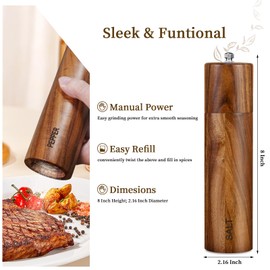 2 Pack Acacia Wooden Salt and Pepper Grinder Set 8 Inches Refillable Salt and Pepper Mills Adjustable Coarseness, Acacia Wood with Ceramic Core Peppercorn Shaker Tableware Birthday Gifts