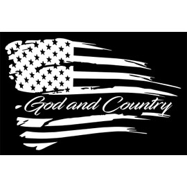 Distressed American Flag- God and Country - Patriotic US Constitution- Vehicle Window Vinyl Decal- Wall Home Decor Sticker (Black Gloss)