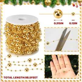 JULBEAR Beads Garland Decoration,1 Rolls 131 Feet Gold Christmas Pearl Strands Chain Bead Garland for Christmas Tree Fireplace Wreath Gift Bouquet Crafts Wrapping Wedding Party Centerpieces Decoration