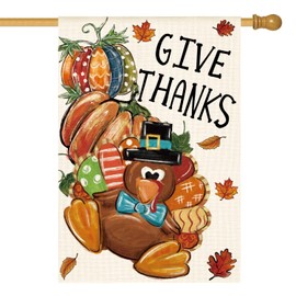 AVOIN colorlife Thanksgiving Turkey House Flag 28x40 Inch Double Sided, Give Thanks Pumpkin Holiday Yard Outdoor Decorative Flag