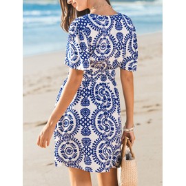 CUPSHE Womens Summer Dresses 2025 V Neck Short Sleeve Flowy A-line Beach Vacation Dress with Pockets Blue M