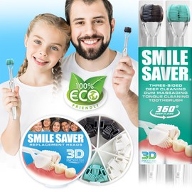 SMILE SAVER 360° Deep Clean 3-Sided Toothbrush 2PK + 7-Pack Replacement Heads 3D Triple Clean + Soft Gum Massage | Built-In Tongue Scraper | Child Kids Adults Braces Special Needs Travel | Made in USA
