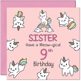 9th Sister Birthday Card - Funny Cat Cute Sister's Birthday Card for 9 Year old Kids Nine, Ninth