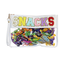 Oufegm Bolsa transparente de chenilla con monograma para maquillaje, bolsa de viaje para estadio, bolsa de aperitivos, bolsa de playa transparente para cosméticos y artículos de cambiador, bolsa de viaje transparente, Bocadillo blanco