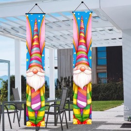 BlissYard 2 Pieces Happy Easter Porch Sign Gnome Banner Hanging Spring Door Banner Easter Hanging Wall Banners Swedish Gnome Bunny Party Outdoor Welcome Porch Wall Decor Front Door Party Decorations