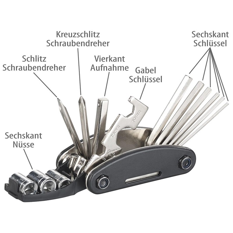 Semptec Urban Survival Technology 2er-Set 16in1-Fahrrad-Multitool-Werkzeug, Reifen-Reparatur-Set, Tasche