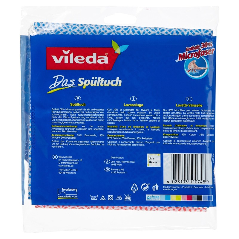 Vileda Dish Cloth with 30% Microfibre for Longer Lasting Hygienic