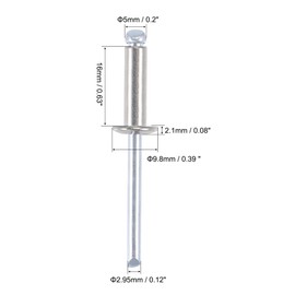 sourcing map Blind Rivets, 304 Stainless Steel Pull Rivets, Core Decoration Rivets, 5 mm Diameter, 16 mm, Handle Length, Silver Tone