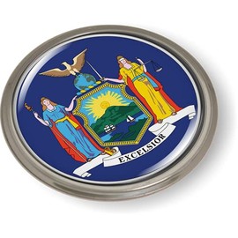 New York State Flag 3D Domed CAR Emblem Badge Sticker Semi-Flexible Aluminum Round Bezel